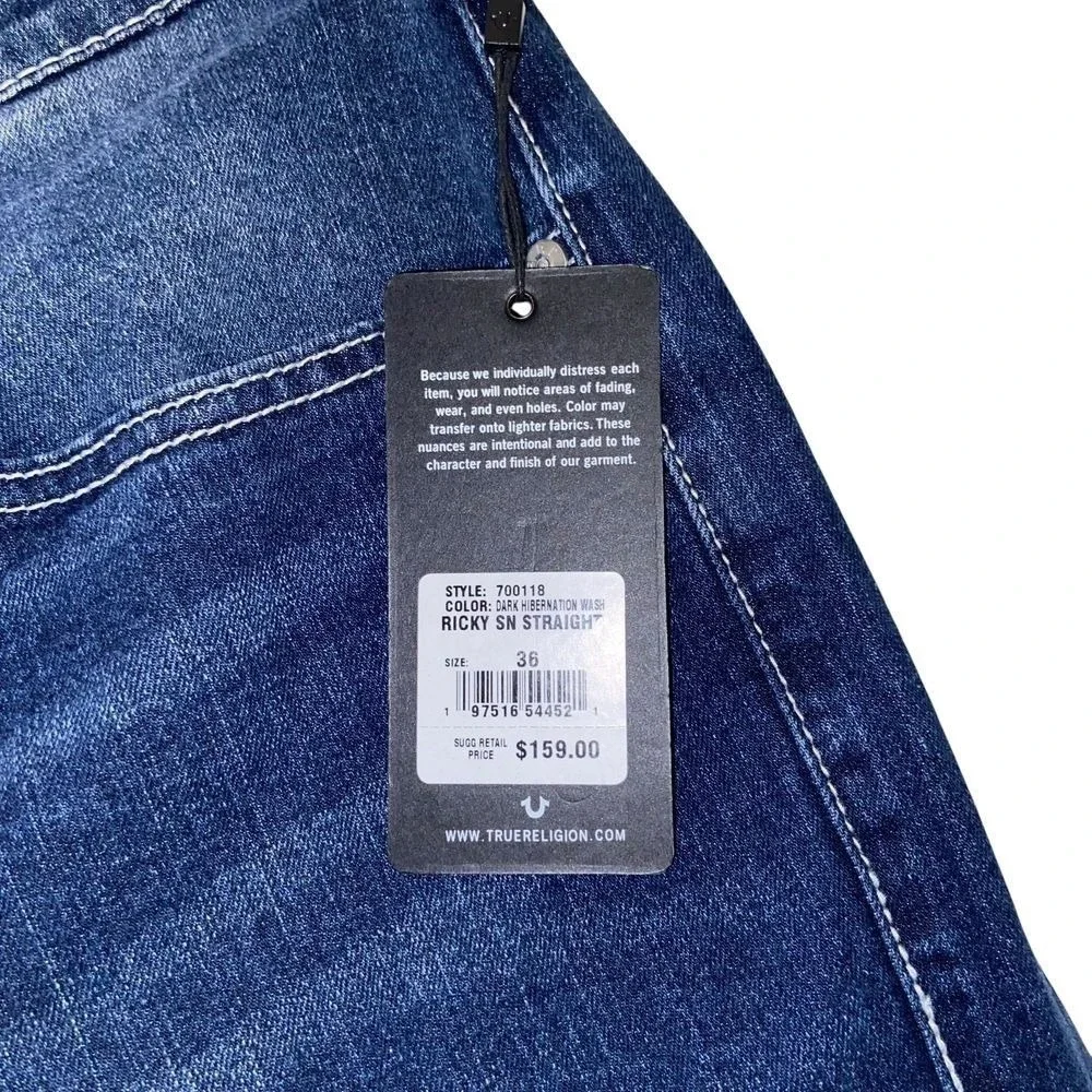 True Religion Ricky Relaxed Straight Jeans Dark Hibernation Wash Size 36x34 NEW